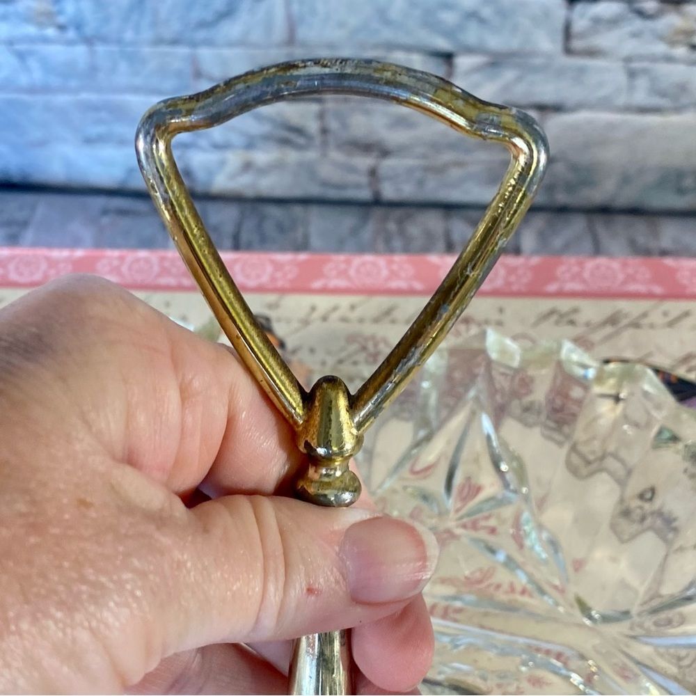 Glass Candy Dish Vtg Cut Glass Serving Dish Metal Handle Heavy Vintage Glassware - Picture 4 of 6